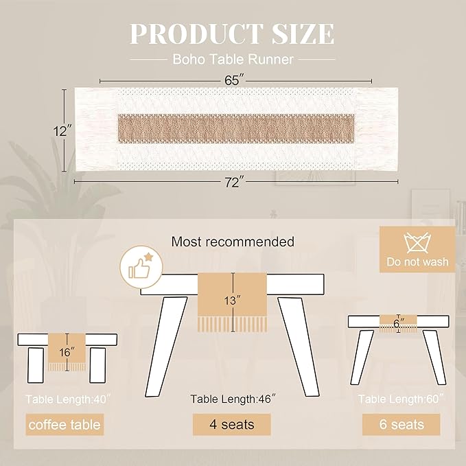 FEXIA Boho Table Runner for Spring Home Decor with Tassels 72 Inches Long Farmhouse Rustic Table Runner Macrame Burlap Table Decoration for Kitchen Living Room Bridal Shower(12x72 Inches)