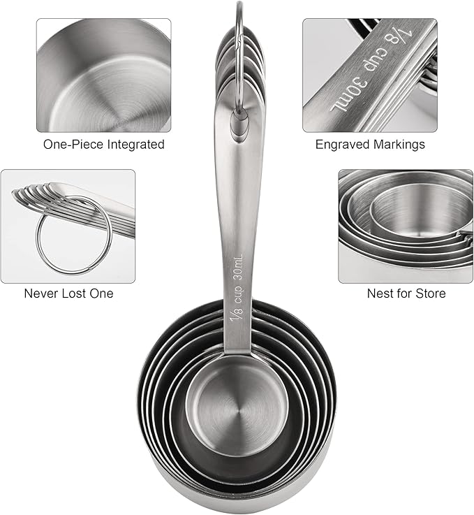 Measuring Cups and Spoons Set 16, 18/8 Stainless Steel Measuring Cups and Spoons for Dry&Liquid, 7 Metric&US Measing Cups &6 Measuring Spoons &Measure Equivalents for Kitchen&Baking