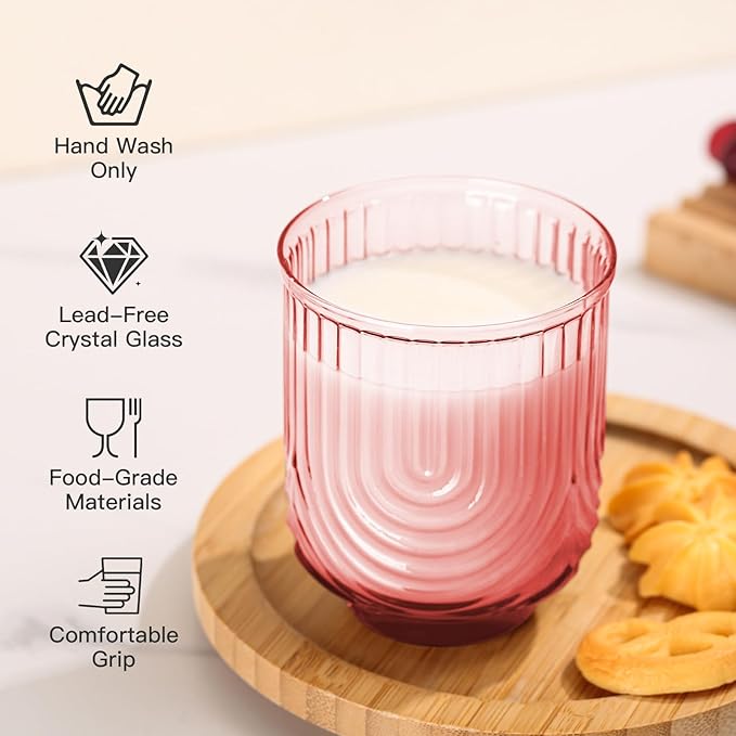 JOVGANK Pink Vintage Drinking Glasses Set of 6-14Oz Pink Glass Drinking Glasses, Art Deco Ripple Highball Glass, Whiskey Cocktail Glasses, for Bar Coffee Juice, Housewarming and Mother's Day Gift