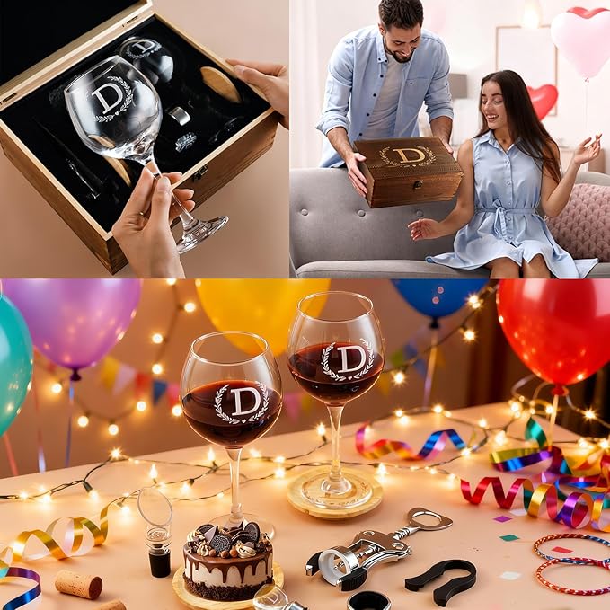 GZLDGIFTS Personalized Initial Wine Glasses Box Gift Set For Women Mom Engraved Birthday Monogrammed Wooden Christmas Gifts Wedding Anniversary Wine Couples Stopper Opener Initial Letterr (G Set)
