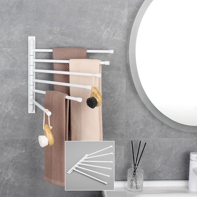 GERZWY Bathroom 6 Arms Swing Arm Towel Bars Wall Mount Bath Towel Rack Hanger Stainless Steel Towel Holder Organizer, White