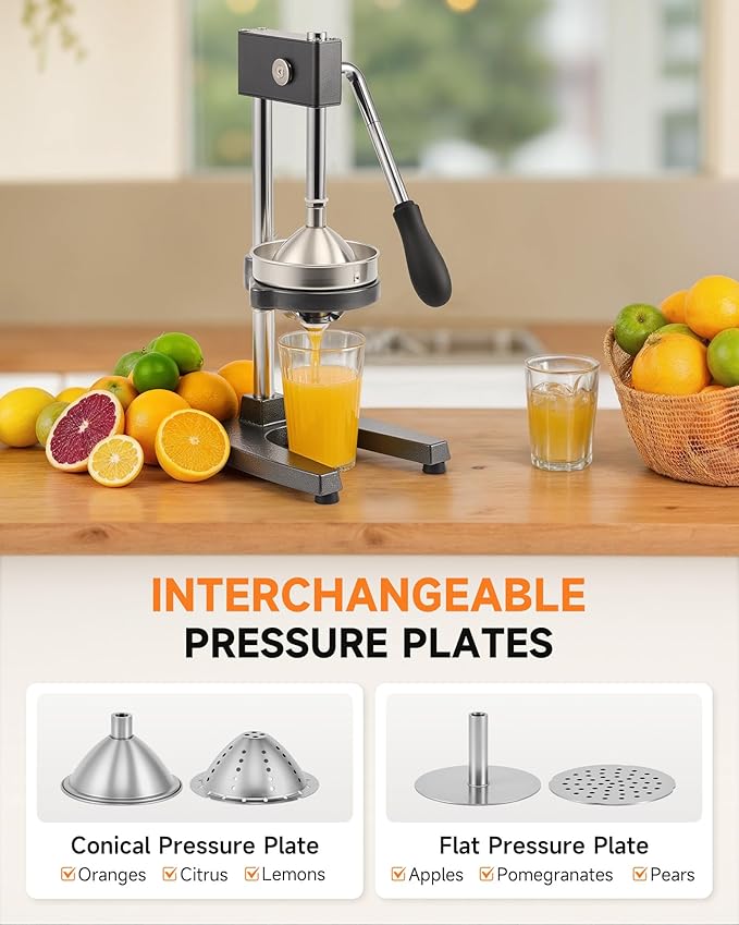 CO-Z Manual Citrus Juicer, Heavy-Duty Manual Juicer with Conical & Flat Pressure Plates, Professional Lemon Squeezer for Orange Pom Lime Lemon Juice, Dishwasher Safe Orange Juice Press, Gray
