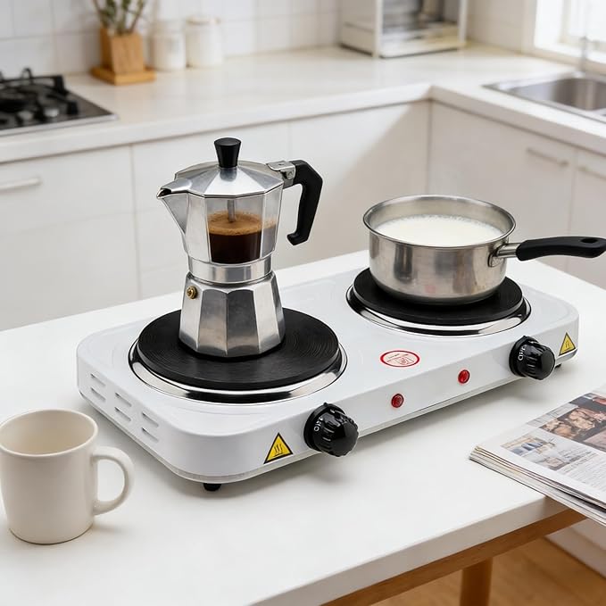 2200W Electric Hot Plate, Electric Cooktop with 2 Burner, Cast Iron Portable Burner Stove, Portable Electric Countertop Burner, Compact Double Burners for Cooking(white)