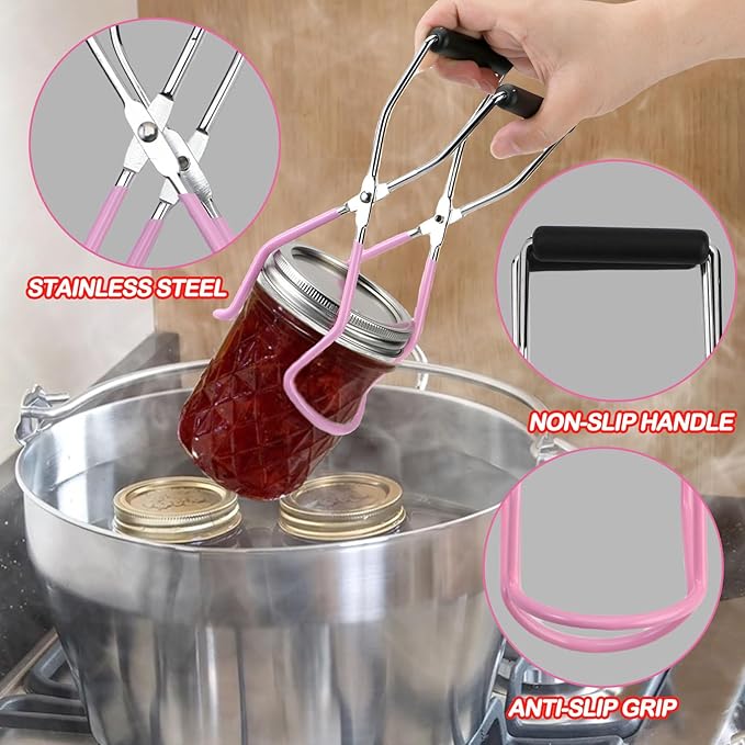 Home Canning Supplies Starter Kit, Food Grade Stainless Steel Canning Tools with Jar Lifter Tongs, Funnel, Labels, Magnetic Lid Lifter, Essential Canning Accessories Equipment Set for Beginners, Pink