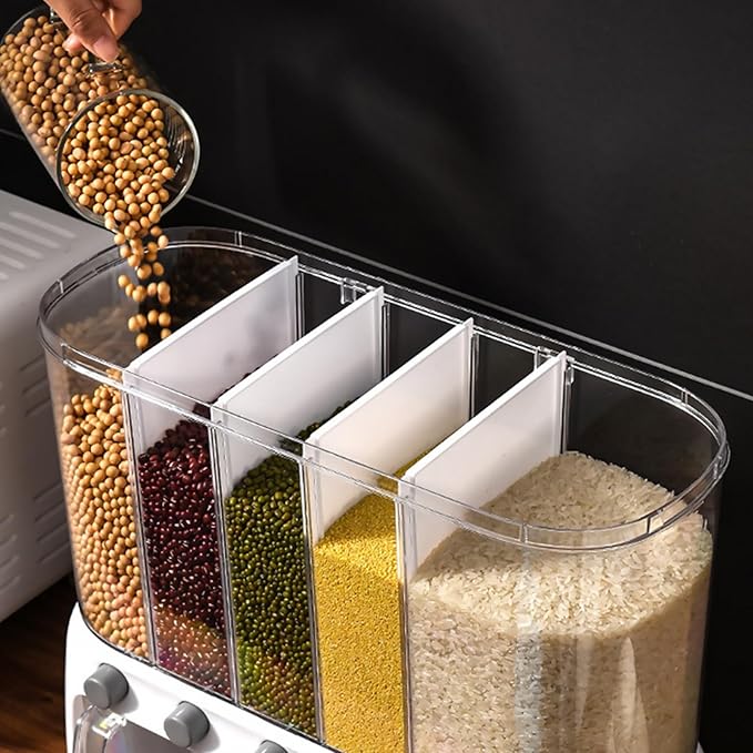 ETOYA Dry Food Dispenser, Wall mounted 5 Grid Cereal Dispenser,Rice dispenser 25 pounds Kitchen Storage with Measuring Cup for Kitchen, Pantry, Restaurant & Bulk Food