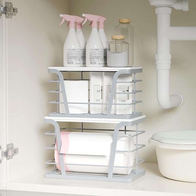 2 Pack Gray Trash Bag Organizer for Kitchen and Pantry, Upgraded Stackable Metal Garbage Bag Holder with Bamboo Top, Modern Under Sink Storage Dispenser for Laundry Room, Garage