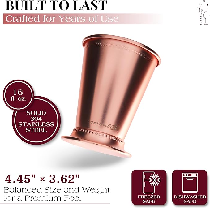 Gusto Nostro Mint Julep Cups Set of 2 - Stainless Steel Julep Cup Kit with Straws, Muddler, Spoon, Recipes, Vases - Southern-Style Cocktail Glasses for Home Bar - Stainless Steel Cocktail Cups (Rose)