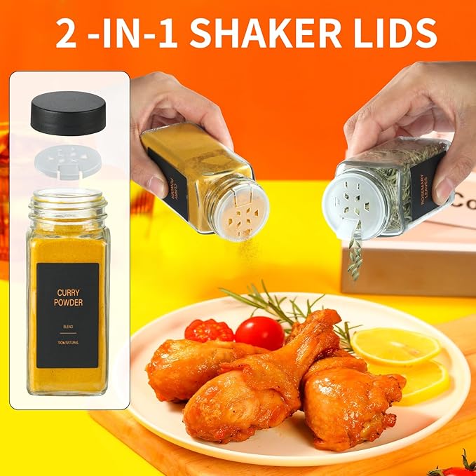 Spice Jars with Label，4oz Glass Spice Bottles With Shaker Lids，Seasoning Containers with Funnel, Chalk Pen for Cabinet，Drawer，Rack (Black, 48)