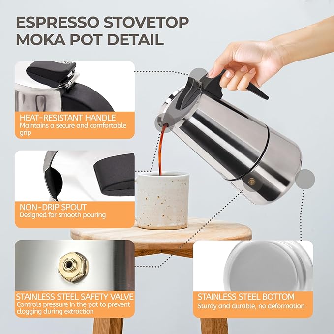 9 Cup 450ml Moka Pot Stainless Steel Espresso Coffee Maker Stovetop Coffeemaker Italian Classic Style Brewing Greca Cafe Mocha Machine for Cafeteras Lover Camping Travel and Home Use 15oz
