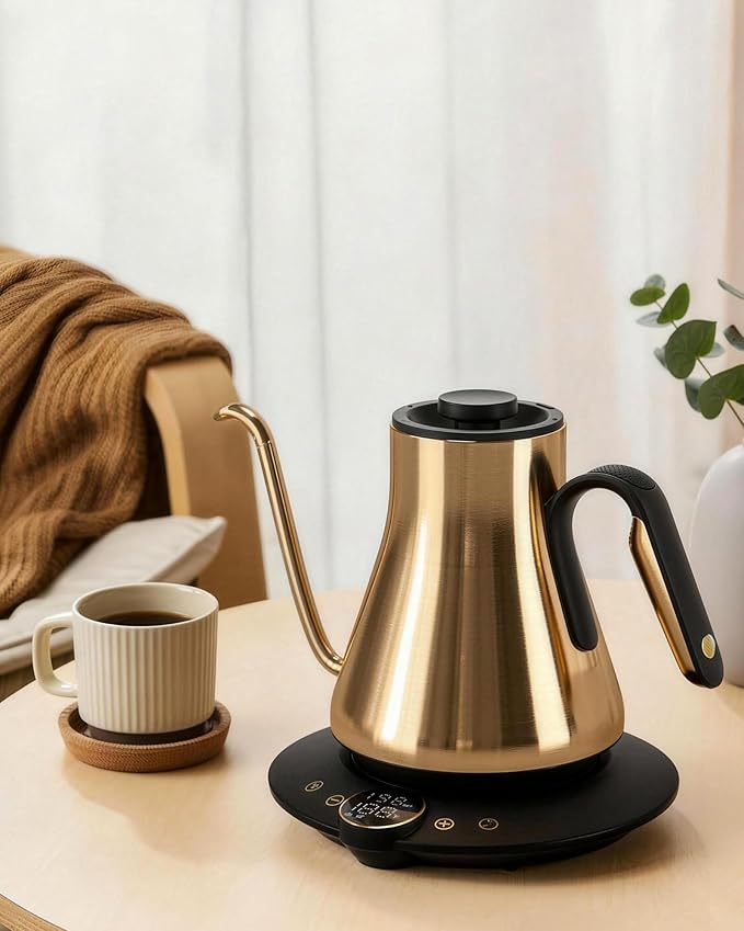 Cocinare Barista Collection Gooseneck Electric Kettle for Pour Over Coffee & Tea, ±1°F Temperature Control, 1500W Fast Heating, Keep Warm, Brew Timer, Stainless Steel Interior, 0.9L (Gustav Gold)