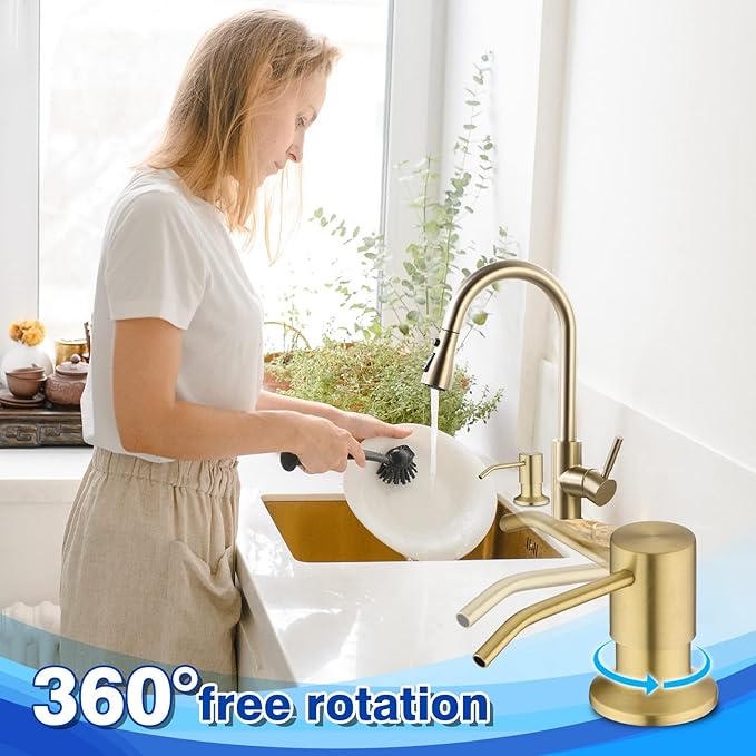 Gold Soap Dispenser for Kitchen Sink, WEWE Brushed Gold Soap Dispenser with Long Spout and Gold Soap Pump Built in Countertop Under Sink Stainless Steel