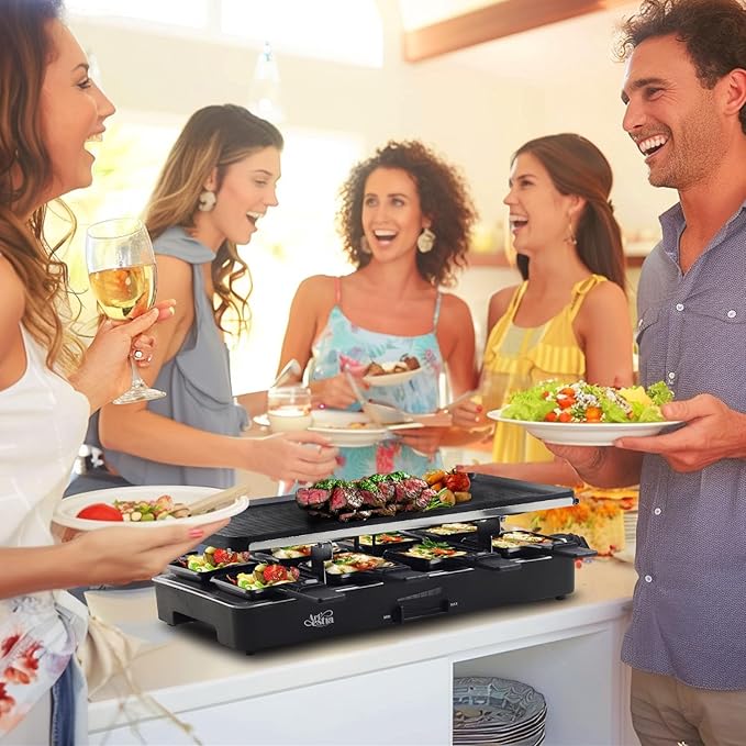 Artestia 2-in-1 1700W Adjustable Temperature Raclette Grill with Granite Stone & Non-Stick Cast Aluminum Plates | Includes 8 Mini Pans & Spatulas | Extended Power Cord | Perfect for Family Gatherings