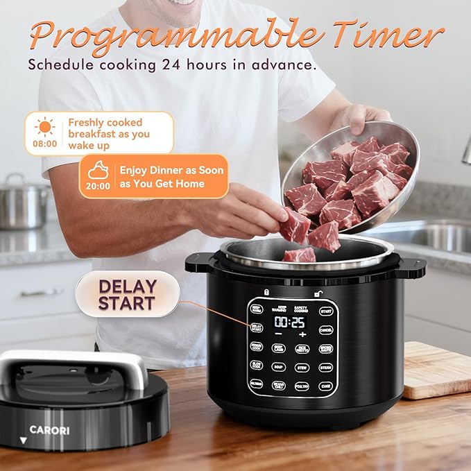 CARORI 9-in-1 Electric Pressure Cooker 6 Quart Black, Stainless Steel Pot, 12 Preset Functions with Touchscreen, Safe Steam Release, Stew, Slow Cook, Rice, Sauté, Warmer
