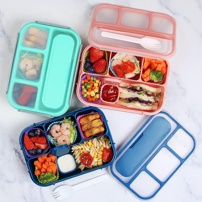 MaMix Bento Box for Kids, Lunch Box Kids, Lunch Containers for Adults,4 Compartment Leak-Proof with Sauce Snack Pot Cutlery (Pink)