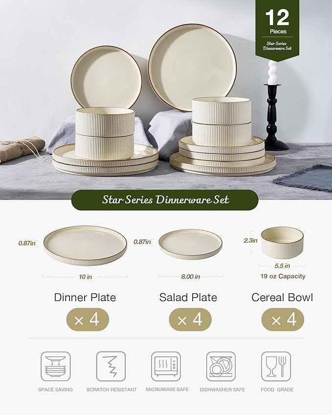 Famiware Star Dinnerware Set, Plates and Bowls Sets for 4 (12pcs), Ribbed Stoneware Dishes with Trim - Chip & Scratch Resistant, Microwave & Dishwasher Safe, Cream