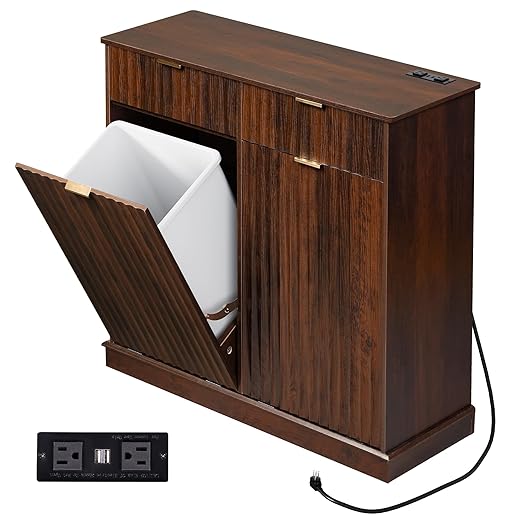 WLIVE 2 * 10 Gallon Double Tilt Out Trash Can Cabinet, Hidden Trash Can Cabinet with 2 AC+ USB Outlets, Storage Drawers, Food/Clothes Storage Pet Proof Kitchen Trash bin Cabinet for Home (Brown)