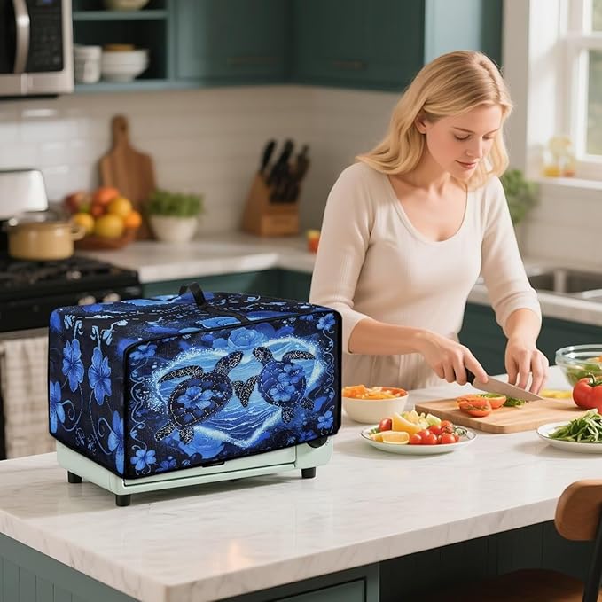 Convection Oven Cover Countertop Appliance Covers Stain-resistant Microwave Oven Protector for Kitchen Home Decor, S, Sea Turtle Love Hibiscus Flower Dark Blue