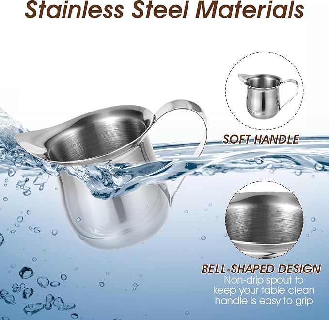 Molain 36 Pcs Stainless Steel Bell Creamers, 3 oz Mini Creamer Pitcher with Handle and Pouring Spout Cup Container for Serving Milk Coffee Salad Dressing Maple Syrup Espresso Machine Restaurant Cafes