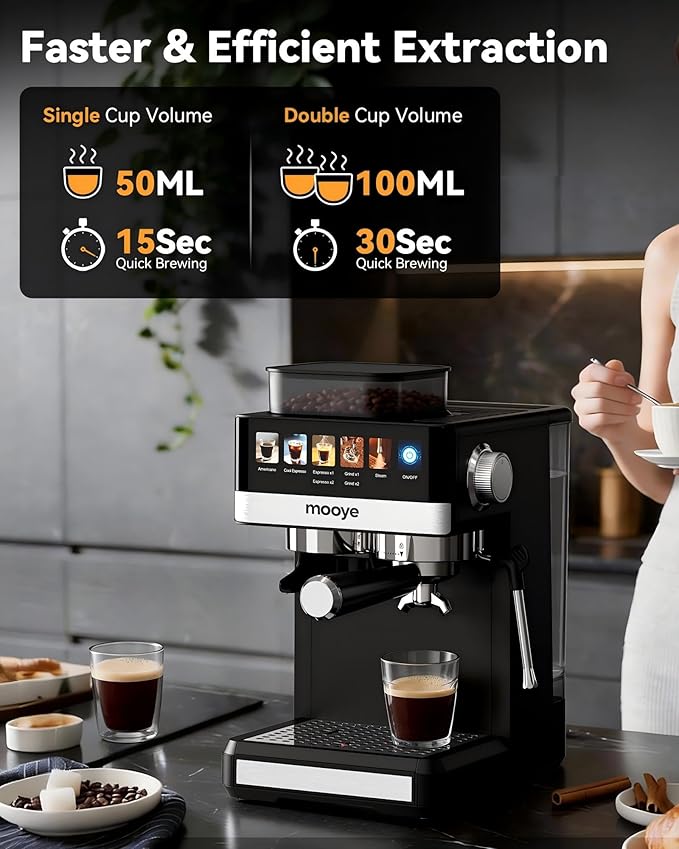 Espresso Machine with Grinder,20Bar Compact Espresso Maker with Steam Milk Frother,Coffee Maker for Home - Cappuccino Latte & Cold Brew Iced Coffee Maker & Americano, Gift for Women or Men