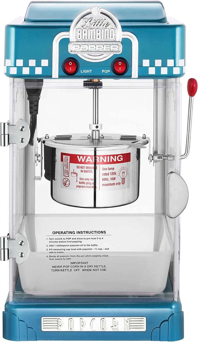 Little Bambino Popcorn Machine - 2.5oz Tabletop Movie Theater Popcorn Popper with Stainless-Steel Kettle by Great Northern Popcorn (Blue)