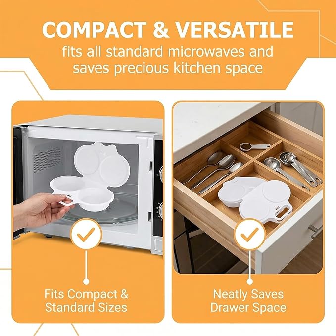 White Microwave Egg Cooker,Microwave Egg Poacher,Egg Poacher Microwave,2 Cavity Nonstick Poached Egg Maker With Lid, Egg Cooker, Double Drain Poached Cups Specialty Cookware