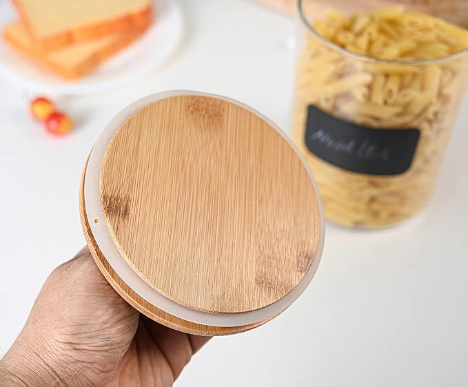 Le'raze 1 Gallon Glass Canister Set for Kitchen Counter with Airtight Bamboo Lids + Marker & Labels - of 2 Large Cookie Jars Wooden Lid, Food Storage Containers Pantry, Flour, Sugar, Pasta, Candy,
