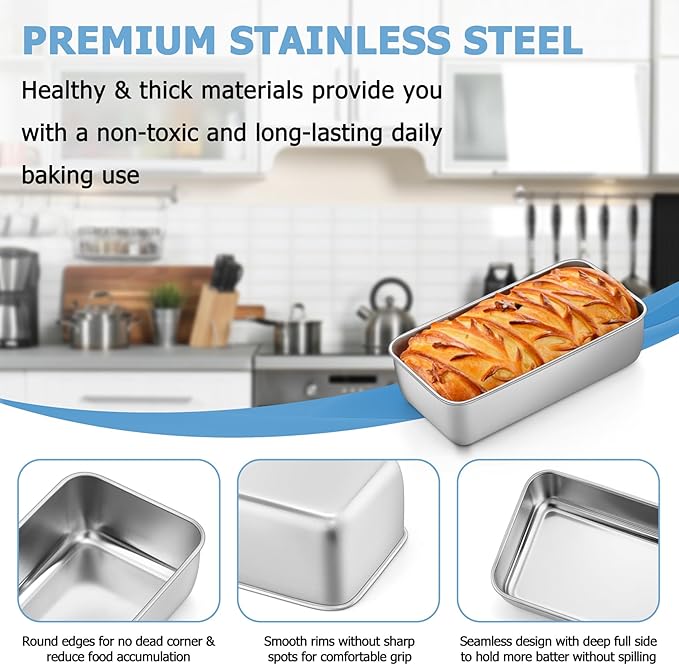 TeamFar Loaf Pan, 9¼" × 5" Bread Loaf Pans Meatloaf Pan Stainless Steel for Baking Bread Cake Lasagna, Healthy & Durable, Oven & Dishwasher Safe - Set of 4
