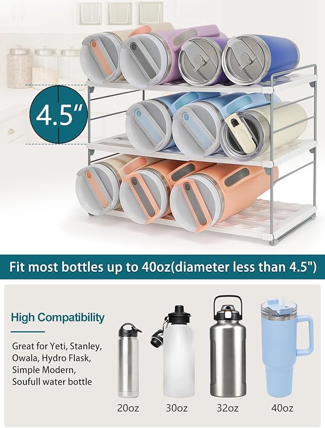 Upgraded Large Expandable Water Bottle Organizer Designed for 40 oz Stanley, Owala & Yeti Tumblers, Adjustable Storage Rack for Travel Mug Cabinet, Pantry, and Kitchen Organizer, Fits 20/30 oz Bottles