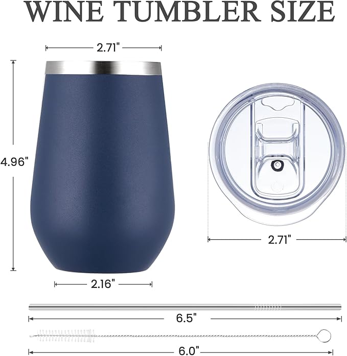 MEWAY Durable 12oz Stainless Steel Wine Tumbler with Lid and straw - Vacuum Insulated Coffee and Wine Cup for Travel, Parties, and Outdoor Events(Navy,1)