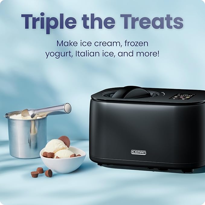 Iceman by Chefman Ice Cream Maker, No Pre-Freezing with Built-In Compressor, Makes Ice Cream, Froyo, Sorbet, Sherbet, Italian Ice, Frozen Yogurt, Digital Display w/ 3 Presets, 2 Pint Inserts Included