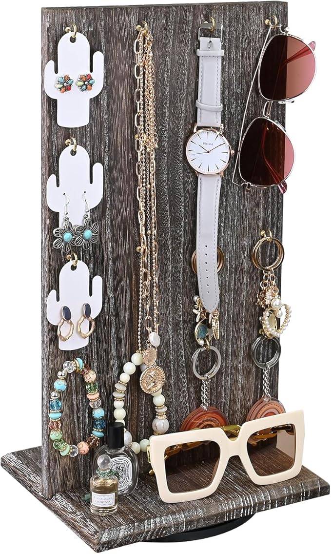 Ikee Design Wooden Rotating Two-Sided Jewelry Display Stand, Rotating Organizer with 32 Hooks for Store, Keychain Earring Display with Hooks, Coffee color, 9 W x 7.5 D x 16.5 H in