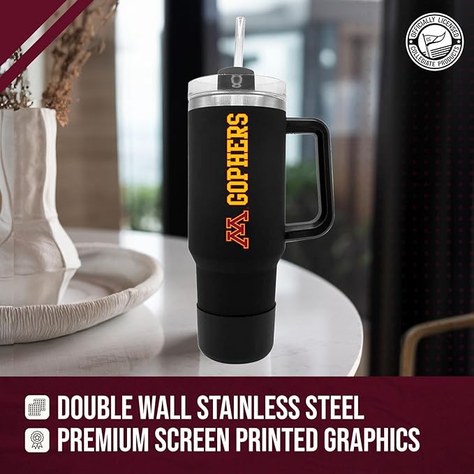 Campus Colors College & University 40 oz Travel Tumbler With Handle - Dual Option Lid With Straw - Vacuum Insulated Stainless Steel (Minnesota Golden Gophers - Black)