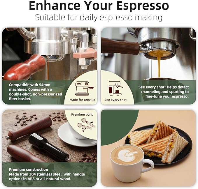 54mm Bottomless Portafilter for Breville Barista Express/Pro/Touch/Bambino18-21g Precision Basket, Stainless Steel 304 Filter Basket, Naked Portafilter for Espresso Extraction(Rosewood)
