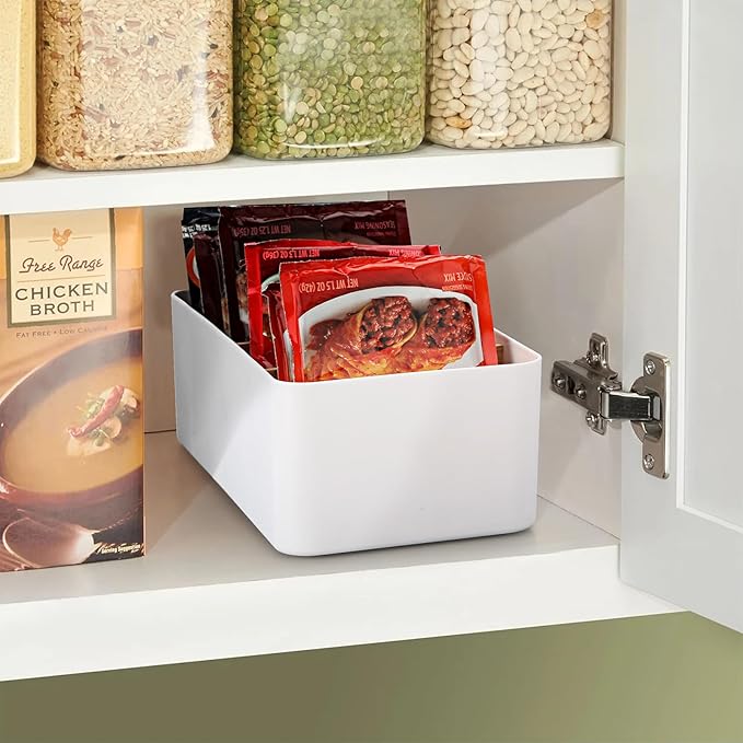 BSTKEY Seasoning Packet Organizer, Food Storage Organizer with Divided 4 Bamboo Wood Compartments, Plastic Storage Caddy for Kitchen Pantry Cabinet, Kitchen Organization Bin for Snacks Spice Packets