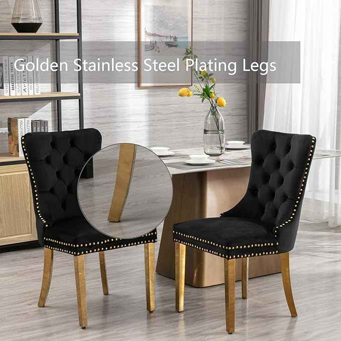 Black Dining Chairs Set of 2, Velvet Upholstered Dining Room Chairs with Back Ring Pull Trim and Golden Stainless Steel Legs, Tufted Wingback Chair Perfect for Dining Room,Kitchen(Black)