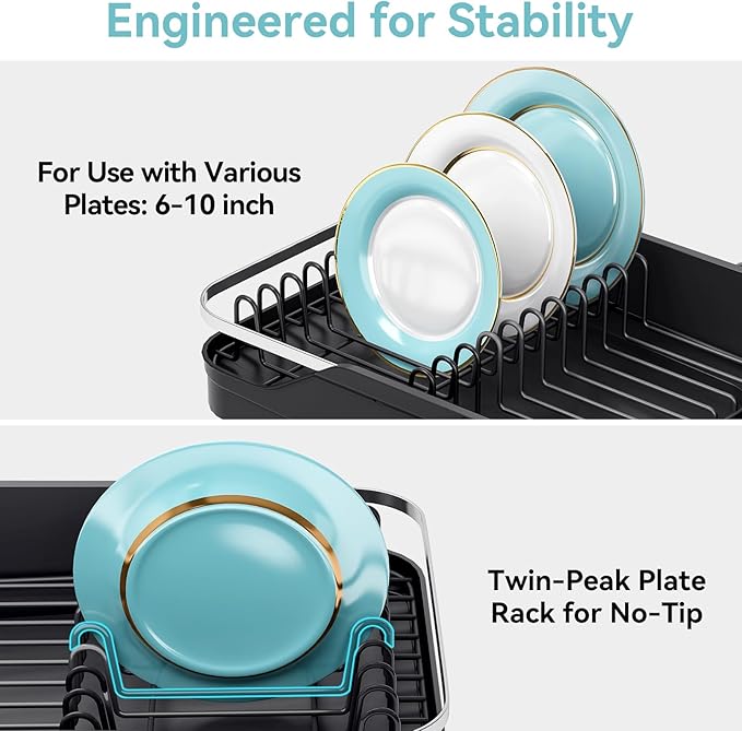 Urackify Expandable Dish Rack for Kitchen Counter,16.14"-23.62" Large Stainless Steel Dish Drying Rack with Adjustable Water Spout, Space Saving Dish Drainer with Auto Draining Cutlery Holder,Black