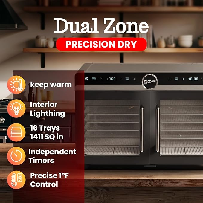 Magic Mill Premium DualZone Food Dehydrator, 16 Stainless Steel Trays with French Doors, Independent Temp Control, Rear Fan, Keep Warm Mode, for Jerky, Fruit, Veggies, Dog Treats, Meal Prep