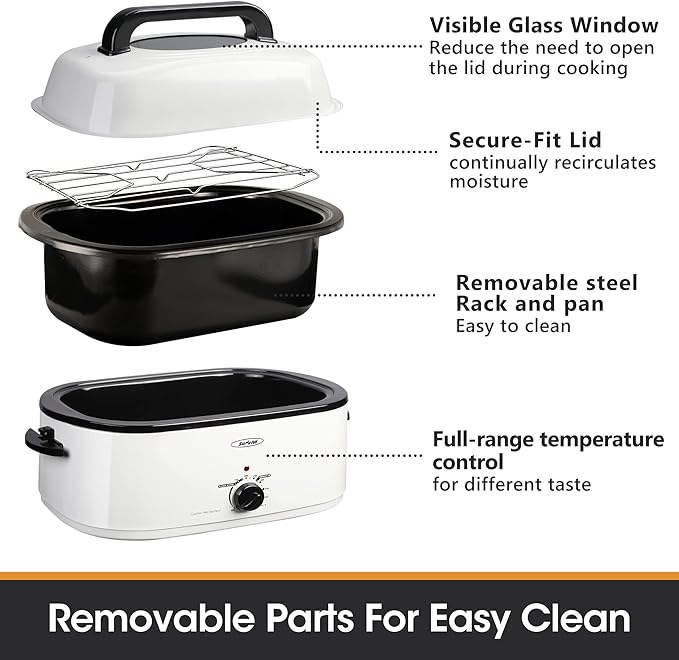 Sunvivi 26-Quart Roaster Oven, Electric Roaster Oven with Viewing Lid, Sunvivi Turkey Roaster with Unique Defrost/Warm Function, Large Roaster with with Removable Pan & Rack, Stainless Steel, White