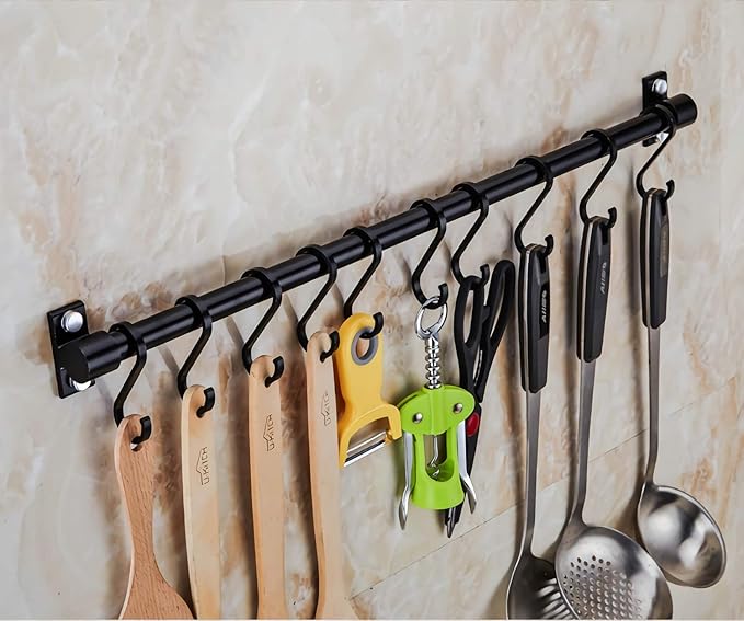 WONMILLE Gourmet Kitchen Utensil Rack with 6 Hooks, Wall Mounted Rail Wrought Iron Hanging Utensil Holder Rack with Removable S Hooks 16 Inch (Black-6 Hooks)