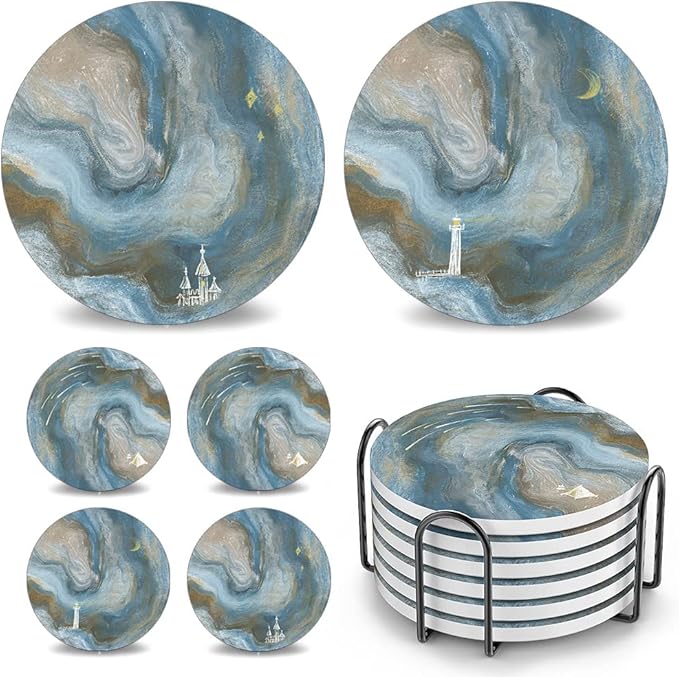 UMIRRO Coasters for Drinks Absorbent with Holder | Cool Table Mats in Ocean Blue for Cups, Glasses, Desk, Office and Home | Cute Ceramic Stoneware Coaster Set