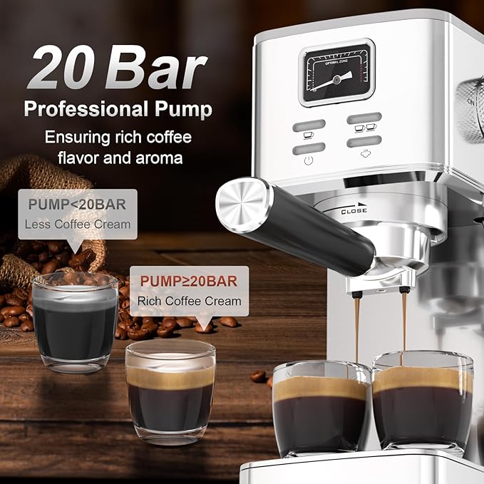 Electactic Espresso Machine 20 Bar, Stainless Steel Coffee Machine with Steam Milk Frother & 47oz Removable Water Tank, Hot Water Function for Home Cappuccino, Latte