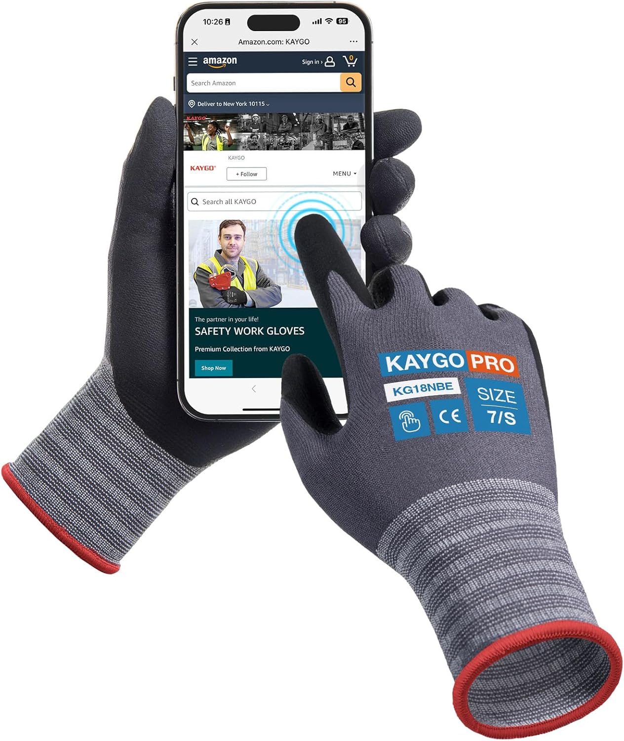 KAYGO Safety Work Gloves MicroFoam Nitrile Coated, 3 Pairs KG18NB,Seamless Knit Nylon Glove with full fingers Touchscreen, Ideal for Automotive,Warehouse,Construction (Small,Gray)