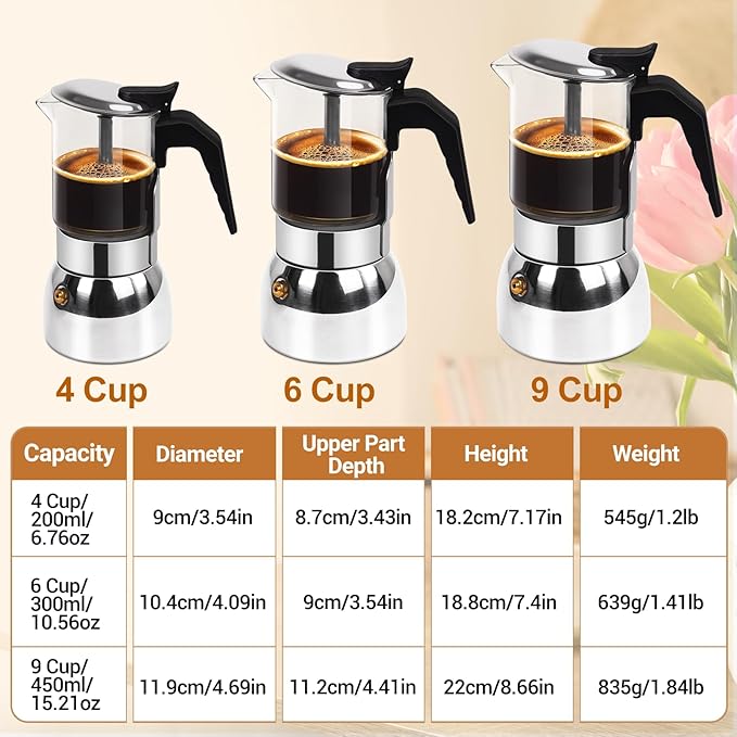 6 Cup Glass Clear Moka Pot Thickened 304 Stainless Steel Stovetop Espresso Maker Italian Coffee Machine 300ml 10.6oz Classic Mocha Cafe Greca Coffee Suitable for Gas Induction