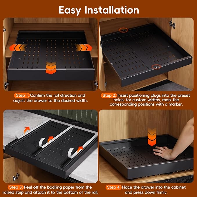 OneDream 2 Pack Pull Out Cabinet Organizer, 21" Deep Slide Out Drawers for Kitchen Cabinets, No Drill Adhesive Pull Out Drawers for Cabinets, Back Roll Out Shelves Adjustable Width 12.05"-20.4"