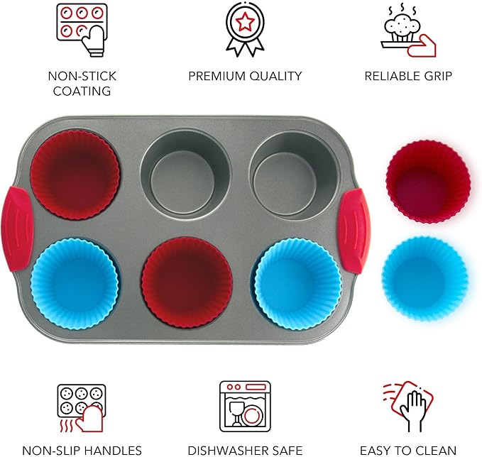 Boxiki Kitchen Duo: Non-Stick Steel Jumbo 6-Cup Muffin Pan with Silicone Handles & Reusable Liners + Non-Stick Steel 8x8 Square Baking Pan.