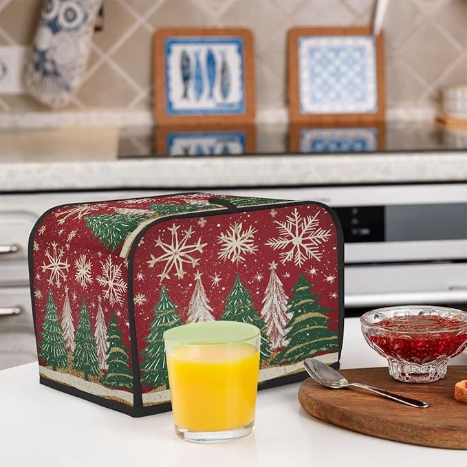 2 Slice Toaster Cover,Christmas Tree Snowflakes on Red Small Kitchen Appliance Bread Machine Cover with Pockets,Dust & Fingerprint Protection
