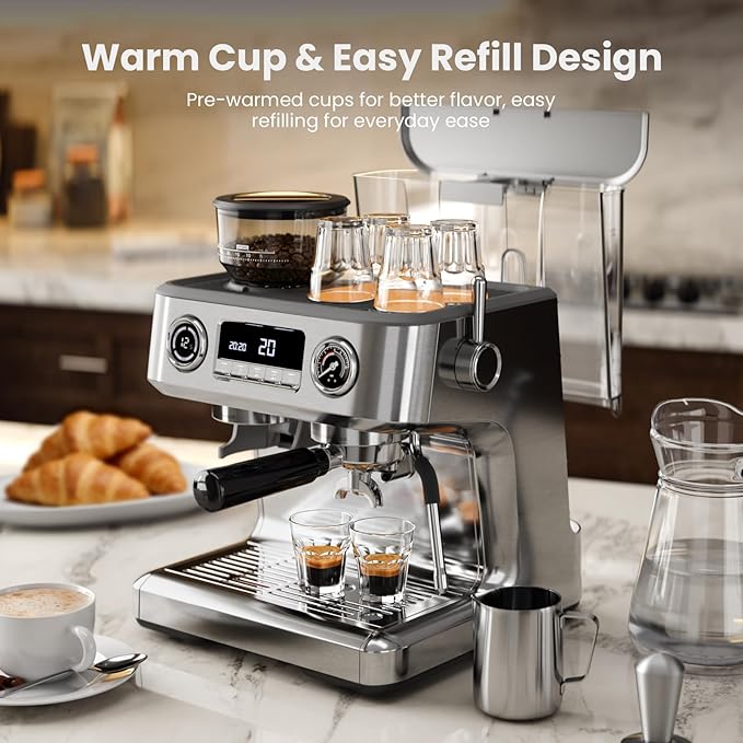 Kismile Dual Boiler Espresso Machine with Grinder, 20 Bar Espresso Maker with Milk Steamer & Hot Water, Dual LED Display, Pressure Gauge, Burr Grinder, coffee Machine for Home&Office, Stainless Steel