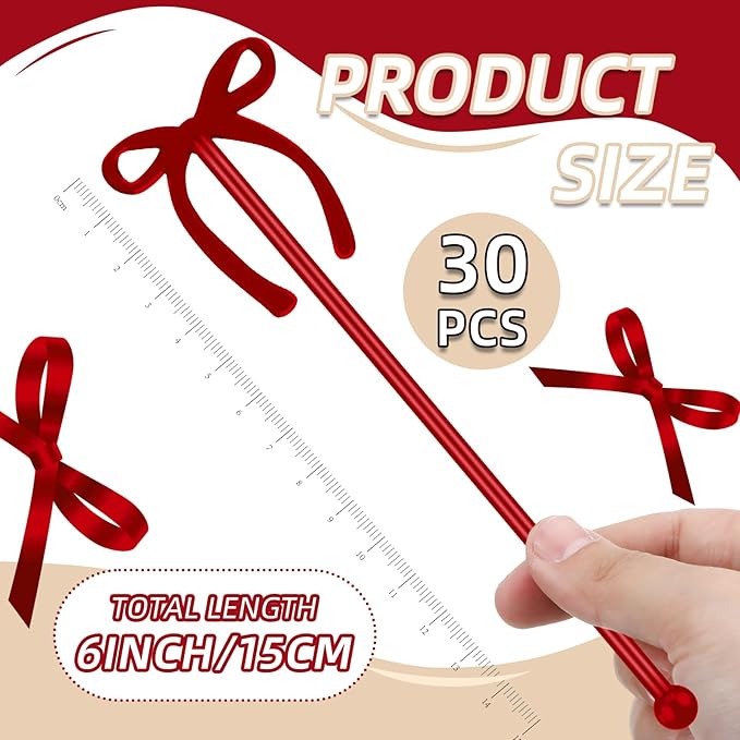 SiliFine 30 Pcs 6 Inch Party Drink Stirrers, Bow Stir Sticks Coffee Stirrers Reusable Plastic Swizzle Sticks for Wedding Birthday Bridal Cocktail Decorations Galentines Supplies(Burgundy)