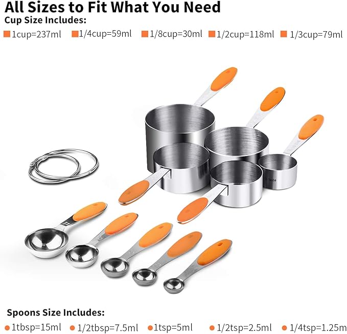 U-Taste 10 Piece Measuring Cups and Spoons Set in 18/8 Stainless Steel, and 18/8 Stainless Steel 5.5 inch 30 Mesh Strainer (Orange)