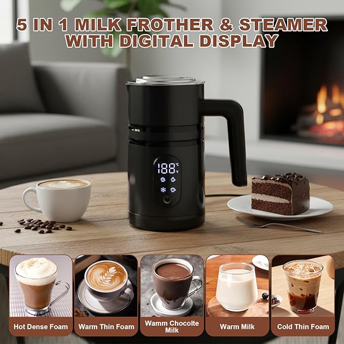 4 in 1 Electric Milk Frother Automatic Hot & Cold Foam Maker Auto Shut-Off Durable Stainless Steel Milk Frother Enjoy Perfect Milk Froth in 2 Min for Macchiato (Black-With Digital Display)